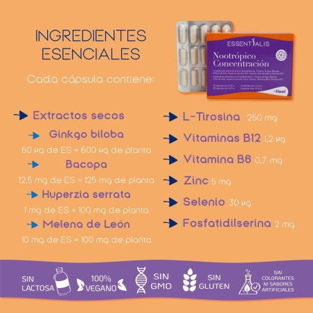 Essentialis Nootrópico Concentración 30 Cápsulas