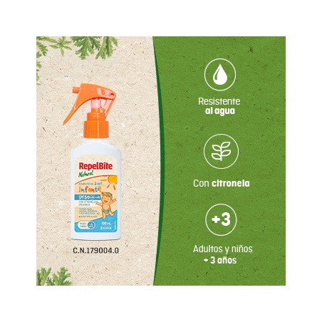 Repel Bite Natural Repelente 2 en 1 Fotoprotector Infantil SPF50 10...