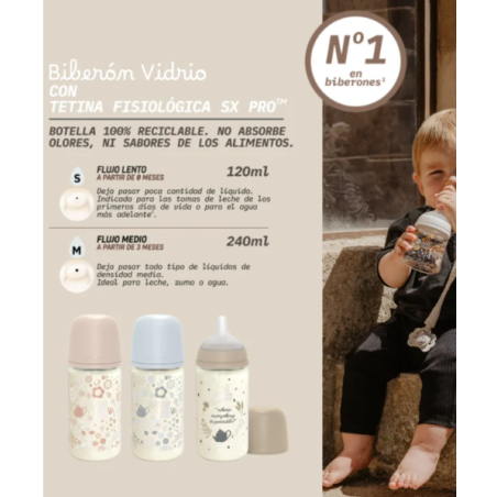 Suavinex Biberón Vidrio 240 ml +3 m Tetina fisiológica SX PRO "Prem...